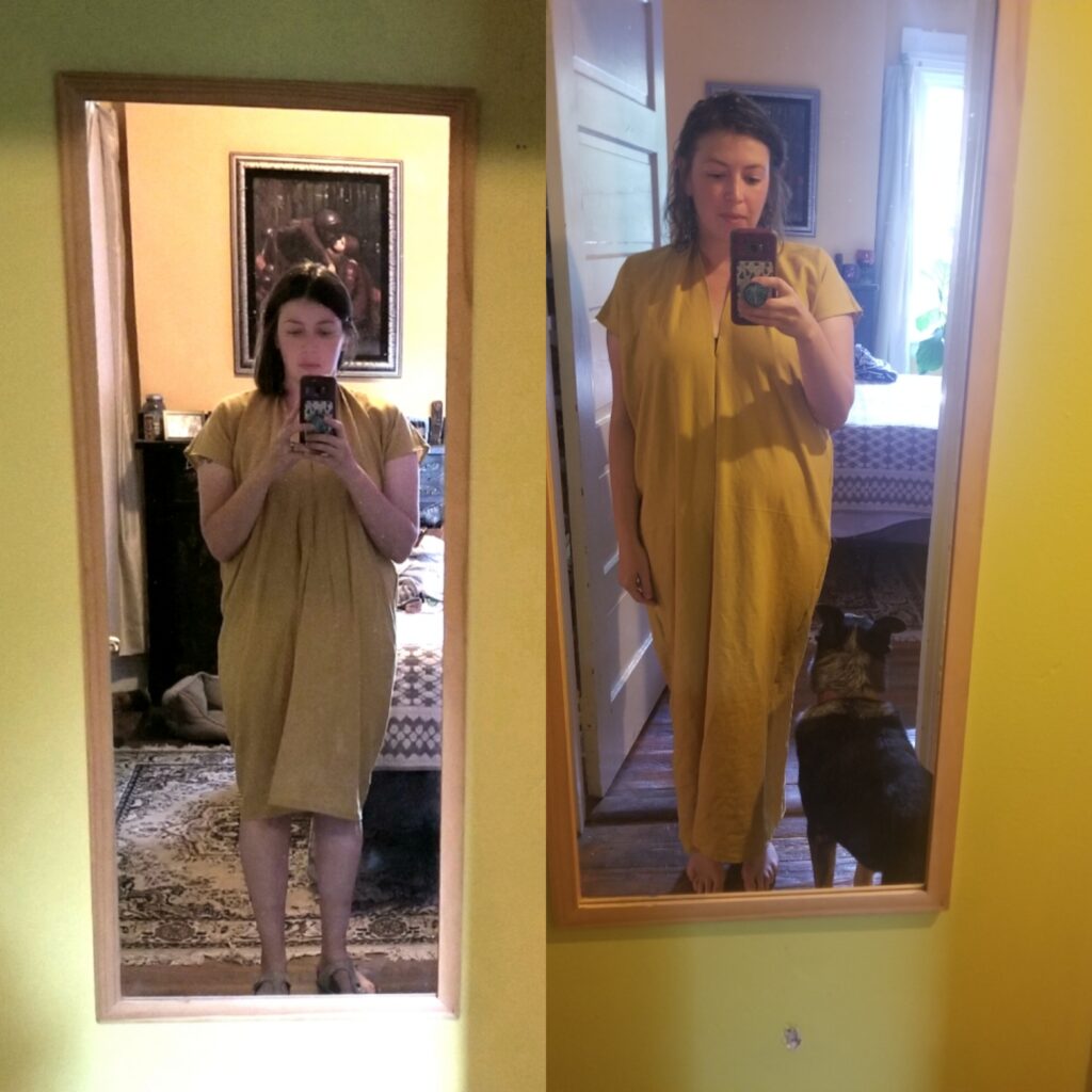 Two images of Ashley taking a selfie in a mirror in the same homemade dress in differing lengths.